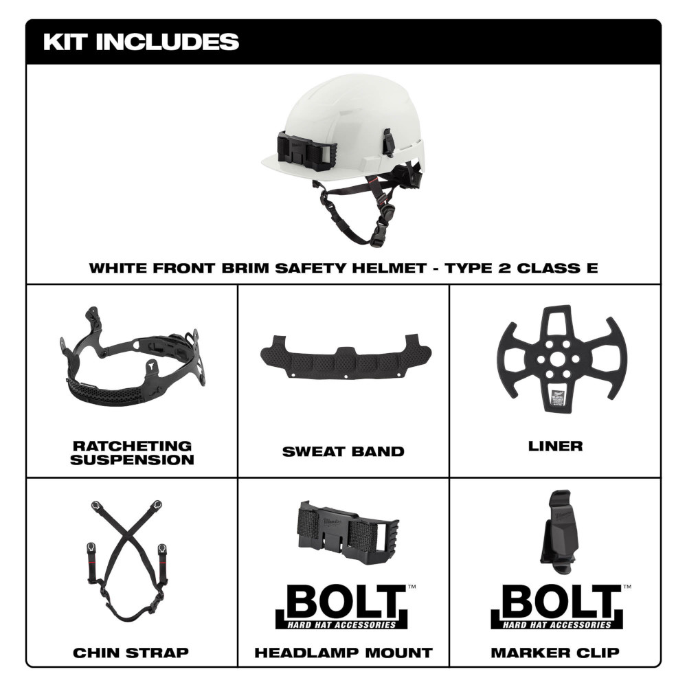 Milwaukee Type 2 Front Brim Safety Helmet with BOLT Accessory Clips from GME Supply